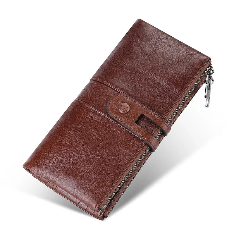 Women's Genuine Leather RFID Wallet Long Zipper Hasp Wallet Vintage Men's Handheld Mobile Coin Purse