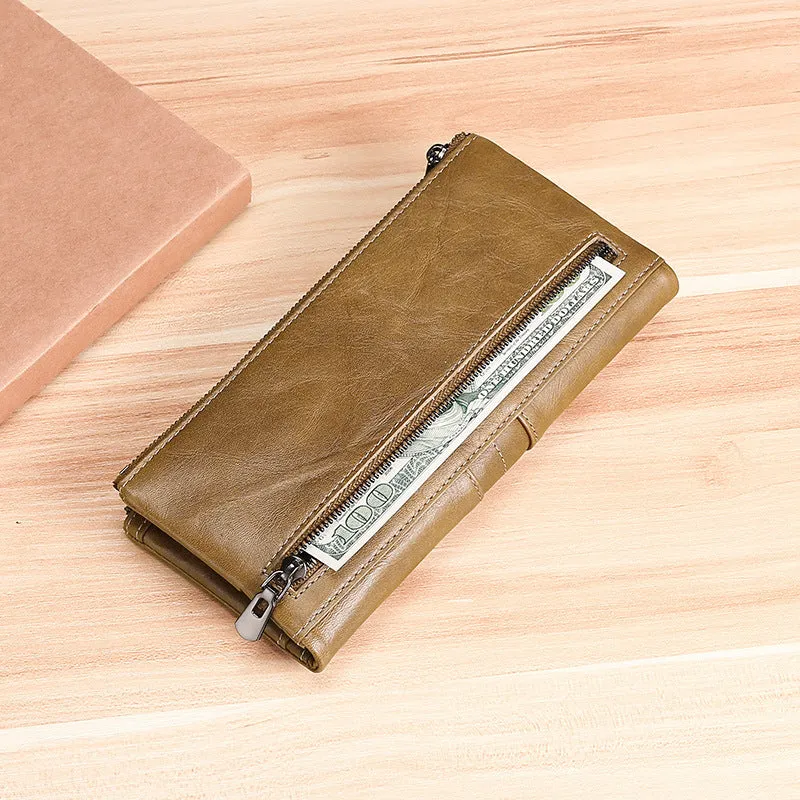 Women's Genuine Leather RFID Wallet Long Zipper Hasp Wallet Vintage Men's Handheld Mobile Coin Purse