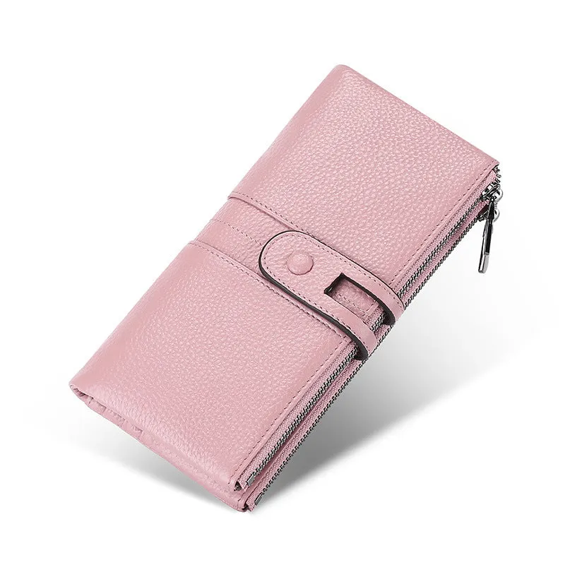 Women's Genuine Leather RFID Wallet Long Zipper Hasp Wallet Vintage Men's Handheld Mobile Coin Purse