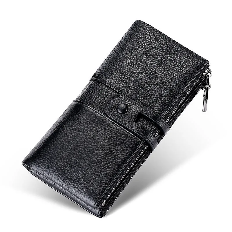 Women's Genuine Leather RFID Wallet Long Zipper Hasp Wallet Vintage Men's Handheld Mobile Coin Purse