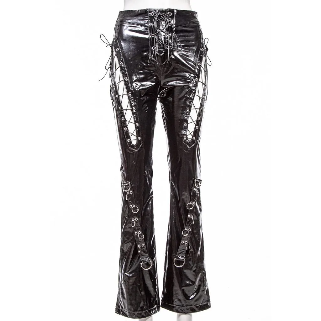 Women's Gothic Lacing-up Flared Faux Leather Pants