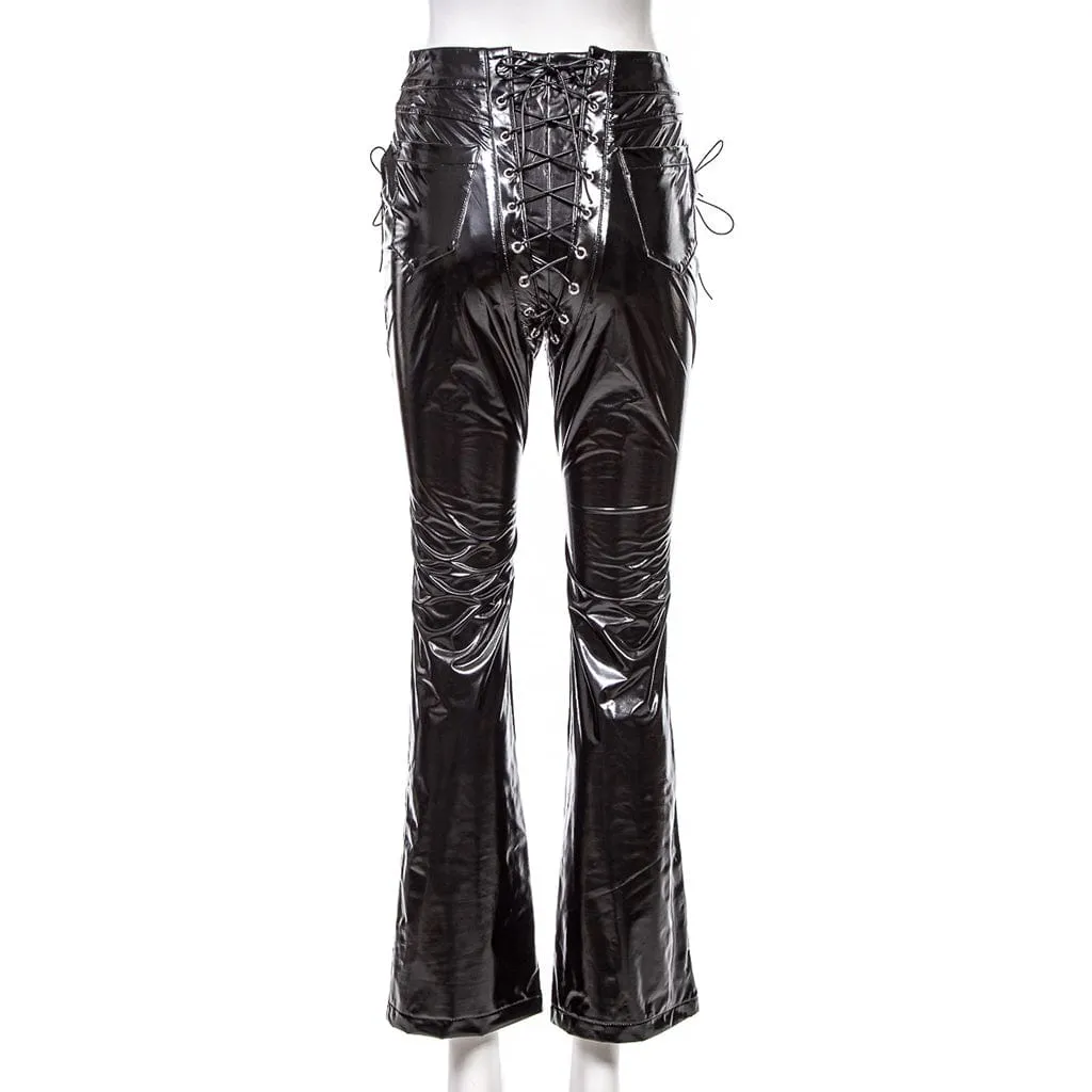 Women's Gothic Lacing-up Flared Faux Leather Pants