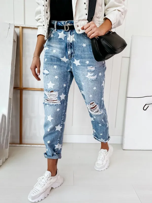 Women's star pattern ripped wash jeans